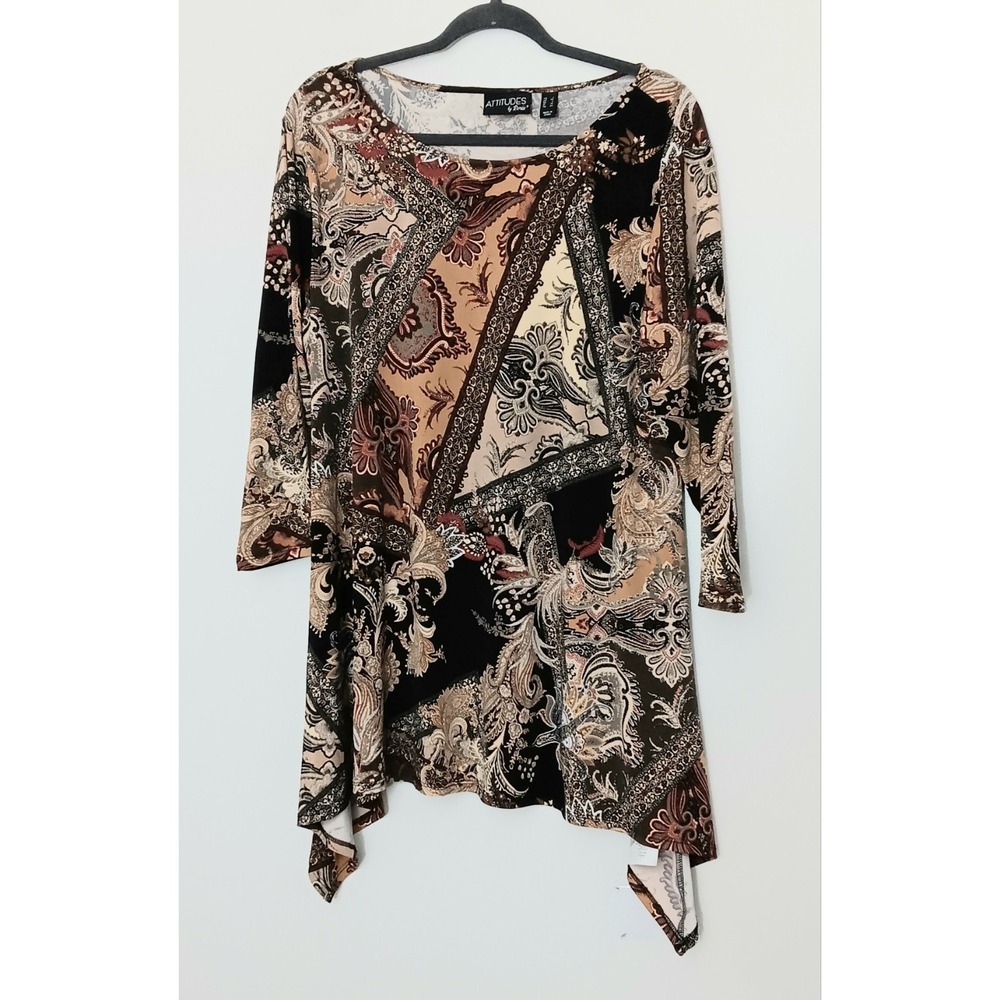 Attitudes by Renee Tunic Women's Size‎ L Como Jersey Bateau Neck Printed Brown